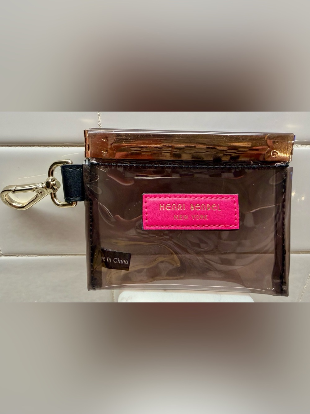 Henri Bendel | Clear Smoke Vinyl Squeeze Top Coin Purse Bag Charm | Pink Logo